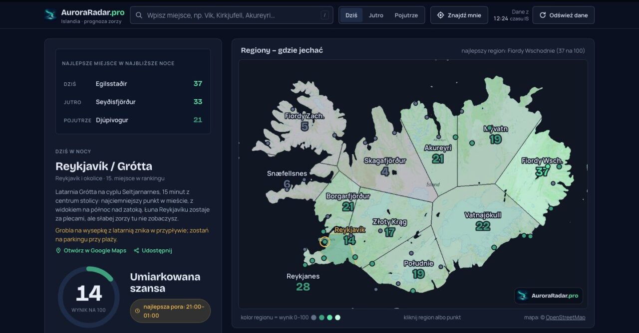 AuroraRadar.pro: mapa Islandii podzielona na regiony z wynikiem 0–100 i najlepsze miejsca na dziś, jutro i pojutrze